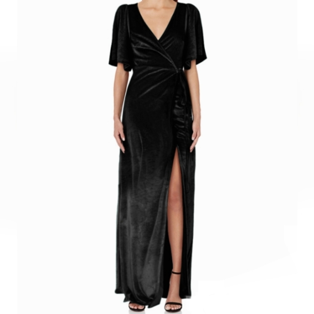 Black Maxi Soft Velvet Gown Wrap Dress Long V Neck Date Holidays Halloween Goth